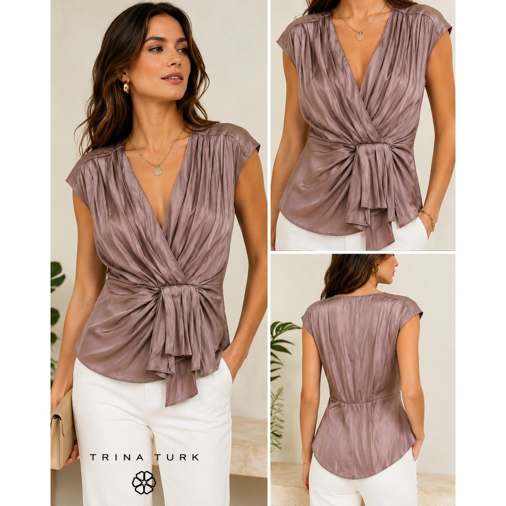 Trina Turk Mauve Silk Blend Deep V Draped Blouse Pleated Knot Front